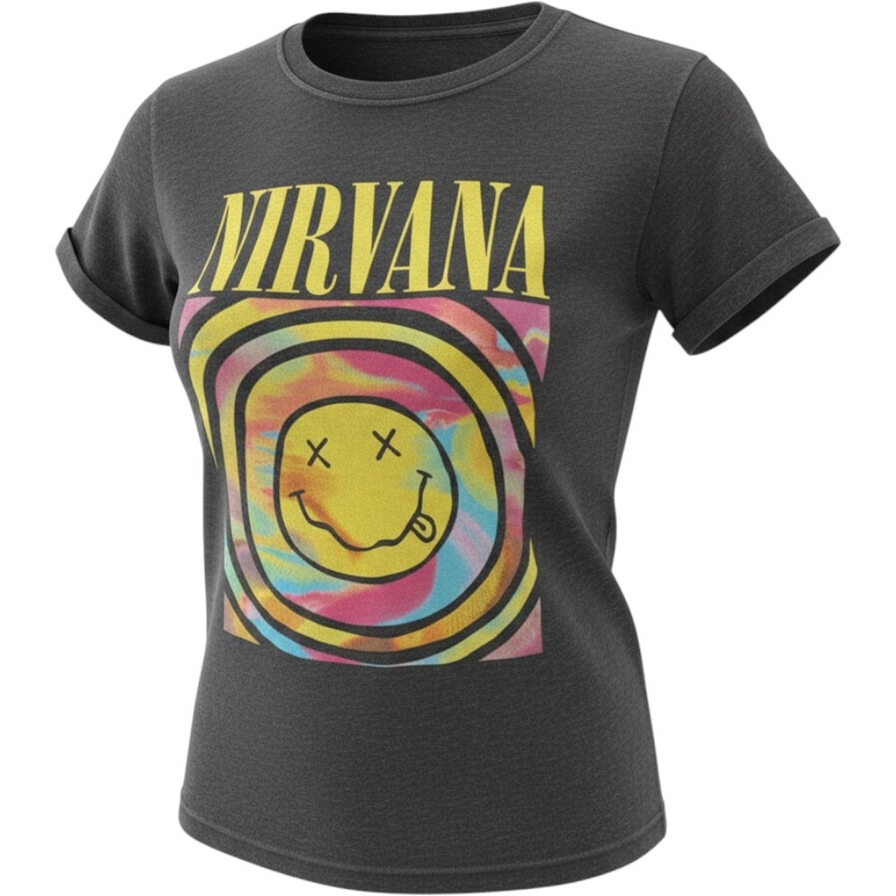 Nirvana Smiley Face Tie Dye Graphic T-Shirt Charcoal Gray Size M Short Sleeve
